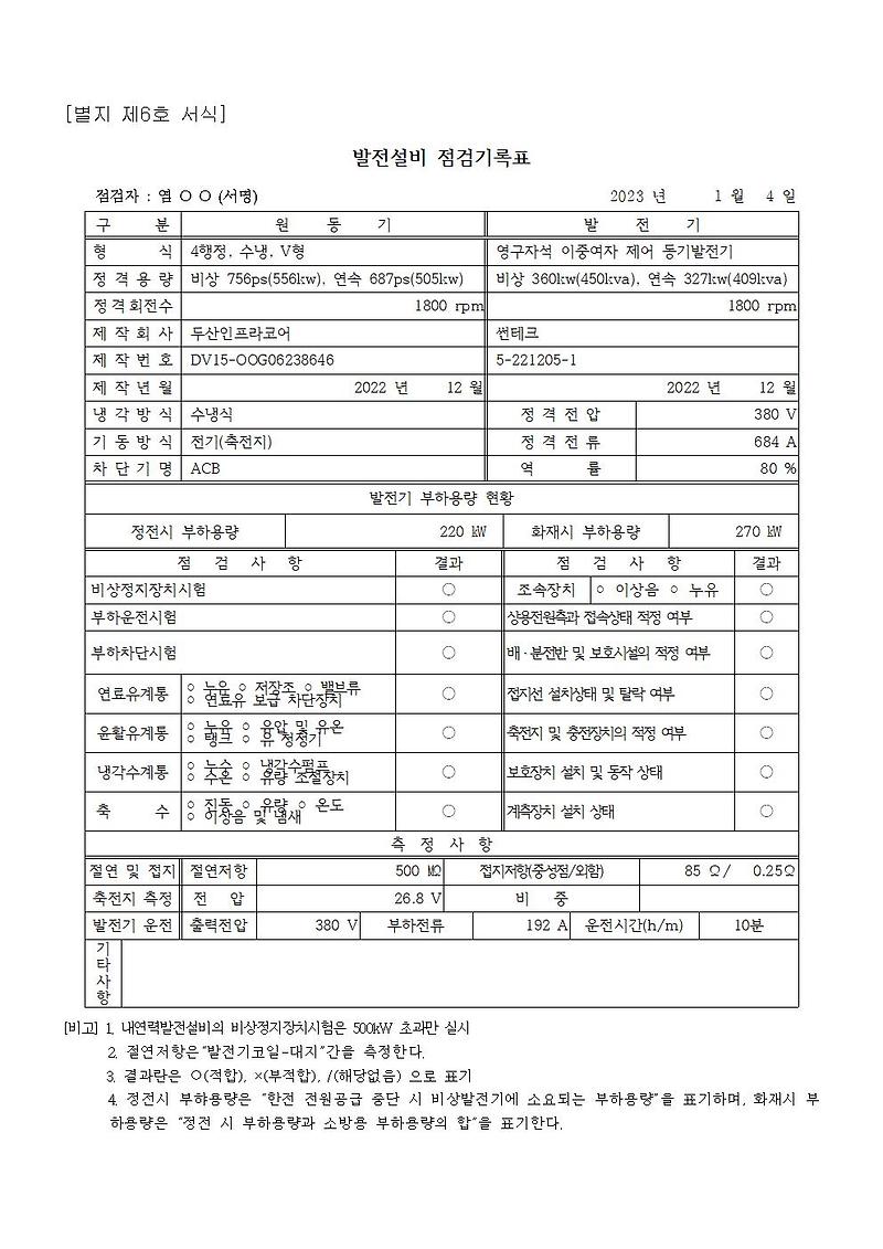 전기안전관리 직무고시에 의한 발전기 점검기록표 예시 Dasaroum 마음 에너지