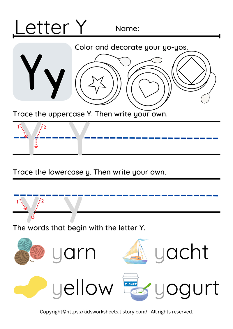 Letter Y 알파벳 활동지