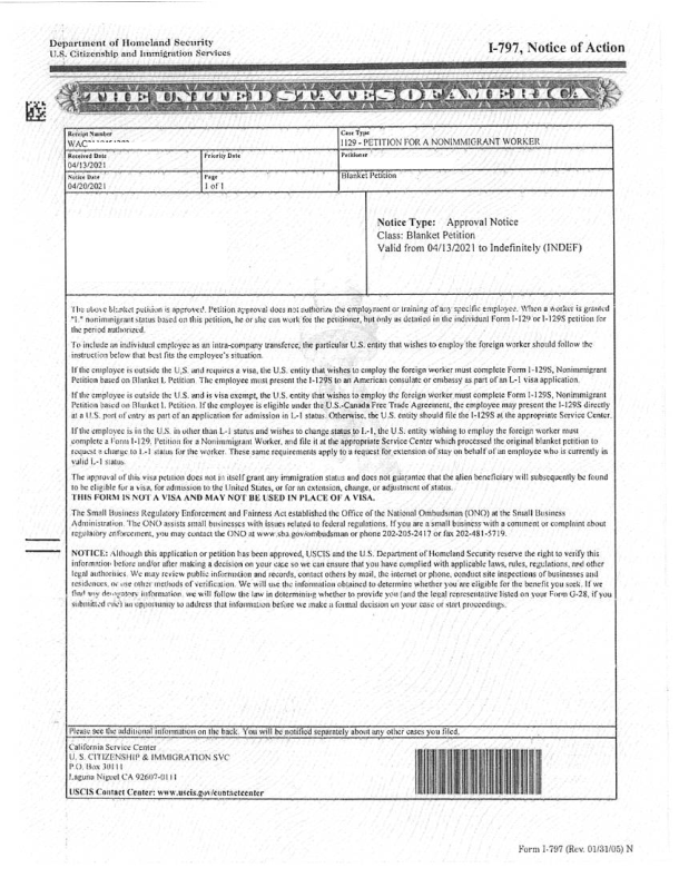 Lvisa Blanket Approval Notice