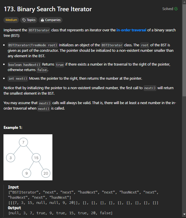 [Binary Tree General][Medium] 173. Binary Search Tree Iterator