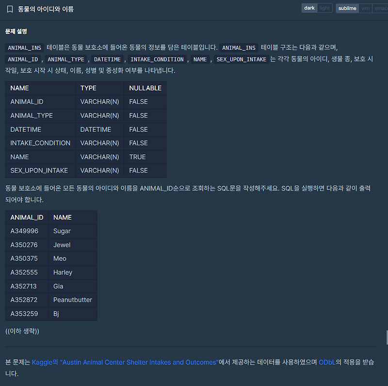 [MySQL] 동물의 아이디와 이름