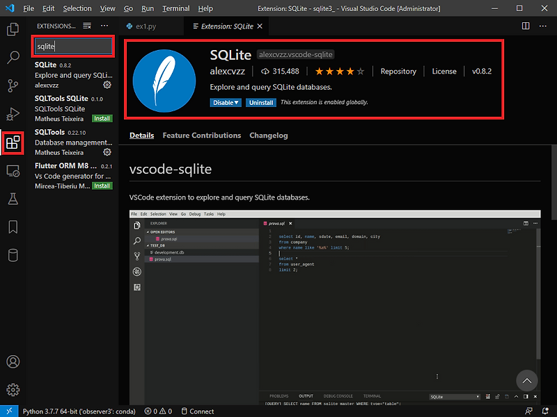 사회적 거리두는 블로그 :: VSCode Extention SQLite 설치 및 사용법 : db 열기 및 query 사용