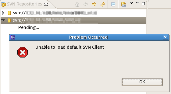 unable to load default svn client