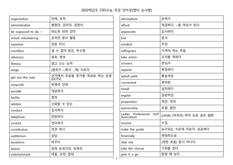 2022학년도 EBS 수능 특강 영어 단어장, hwp 한글문서, 편집 가능, 학생 테스트용