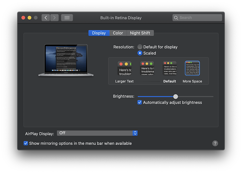 [맥 사용법] 디스플레이 설정하기 (해상도, 컬러, 야간모드)