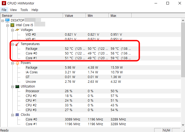 노트북 컴퓨터 CPU 온도측정 프로그램 CPUID HWMonitor