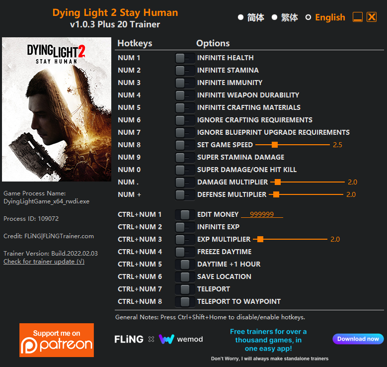 [트레이너] 한글판 다잉 라이트2 스테이 휴먼 DYING LIGHT 2：STAY HUMAN +15 V1.0.5 Trainer 영문판
