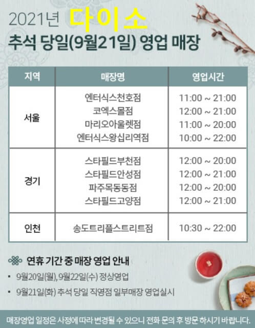 꿍스 브라더스 :: 2021년 다이소 추석 당일 영업매장 및 휴무일정