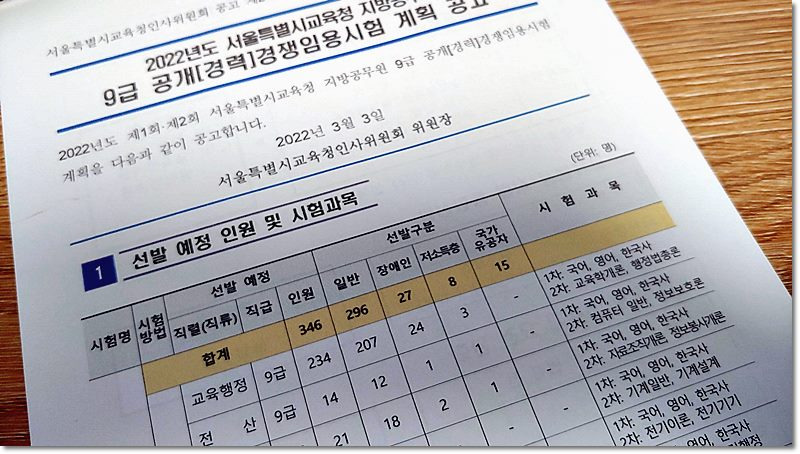 서울시 교육행정직 금년 선발인원 및 지난 시험결과치