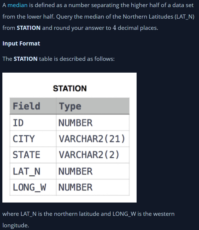 HackerRank lv. Medium Weather Observation Station 20