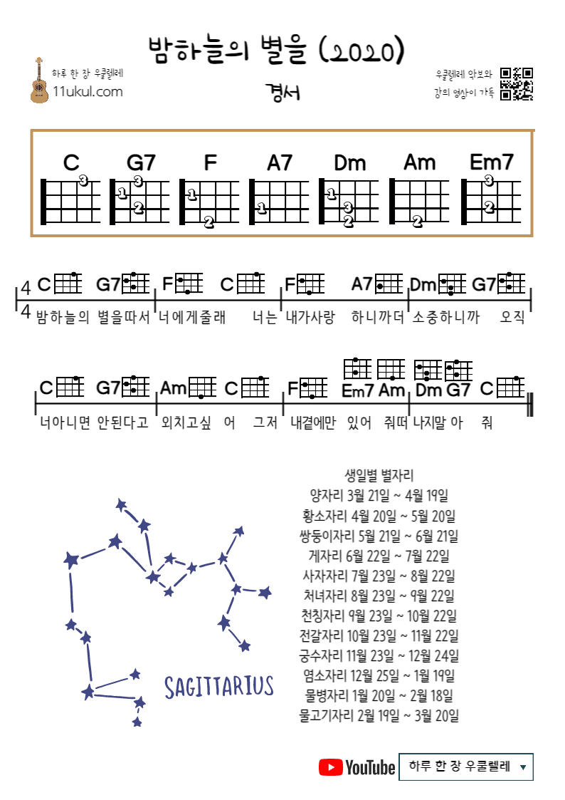 밤하늘의 별을(2020)(경서) 우쿨렐레 쉬운 코드 악보 (연주 영상)