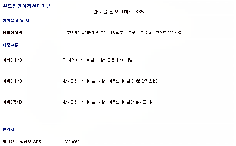 완도 여객선터미널 제주도 운항 시간표 및 운임 요금