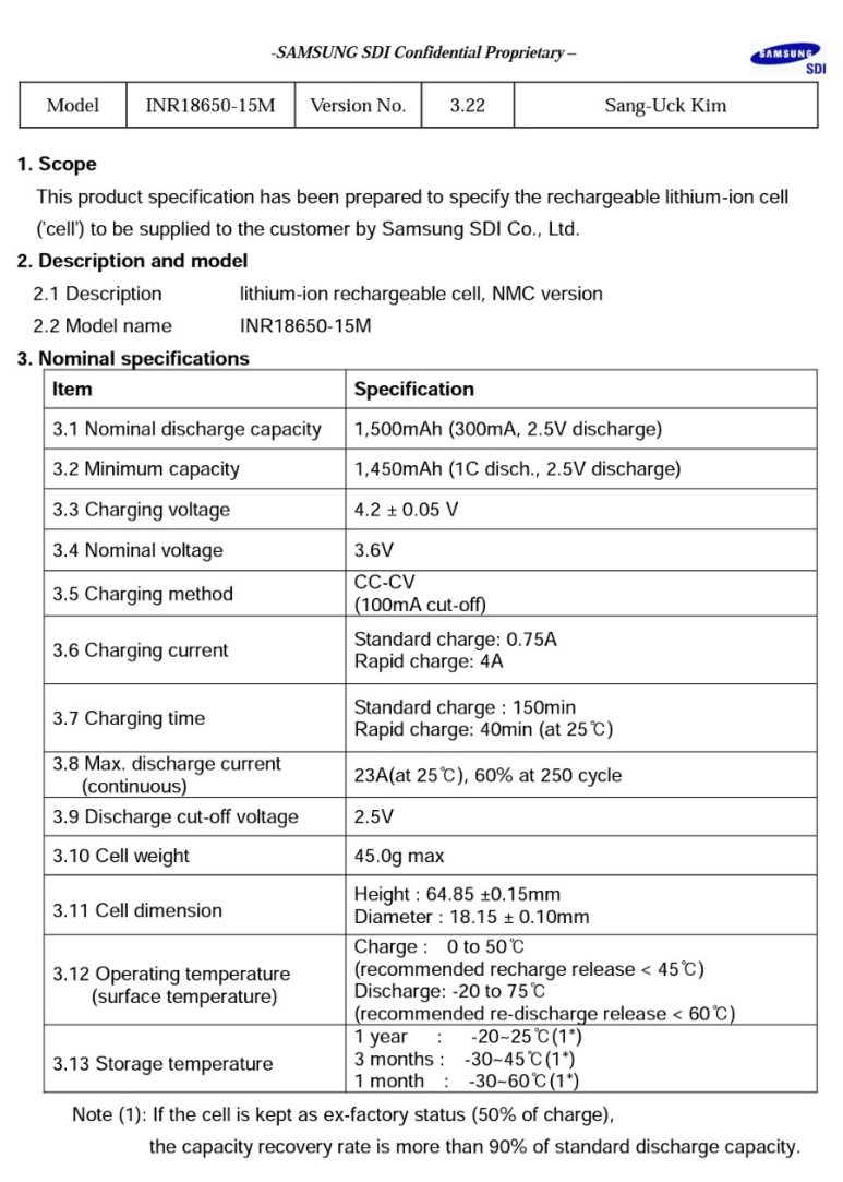 [Samsung SDI/삼성] INR1865015M 데이터시트(Datasheet), SPECIFICATION 다운로드(PDF)