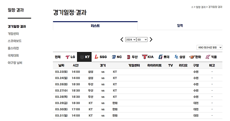 [K.SJ, <b>프로야구</b>] 2024년 시즌 <b>수원</b> KT 위즈 경기 일정 (홈, 원정... 