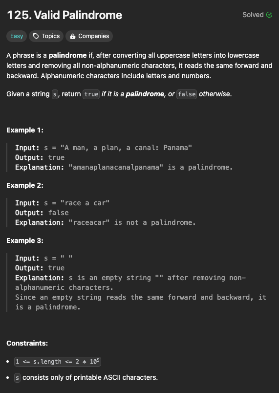 (간단한 코드)리트코드 125. Valid Palindrome