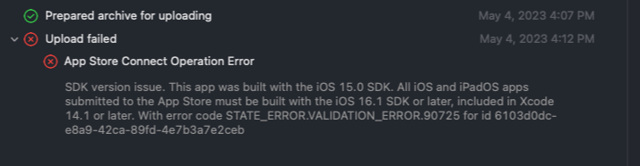 Xcode ios 배포 할 때 SDK version issue 에러