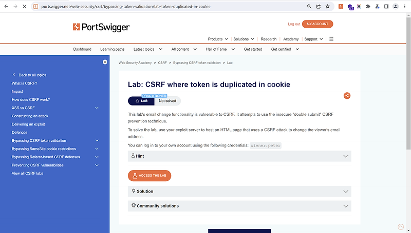 Lab: CSRF where token is duplicated in cookie 문제 풀이(WriteUp)