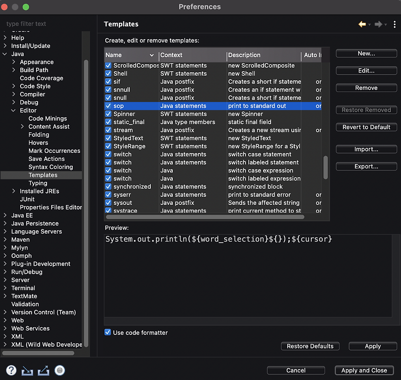 [Mac] 이클립스 System.out.println 자동완성을 sysout에서 sop로 바꾸기