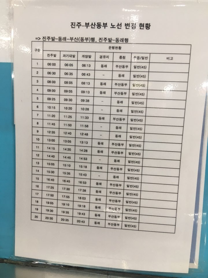 진주시외버스터미널] : 동래가는 시간표 바뀜주의 2020