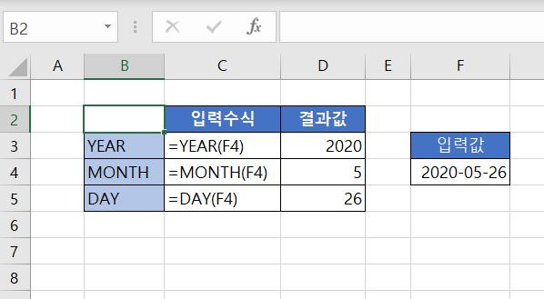 엑셀 날짜함수- 날짜에서 연, 월, 일 추출하기