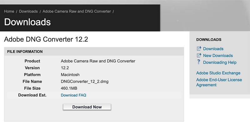 downloading Adobe DNG Converter 16.0