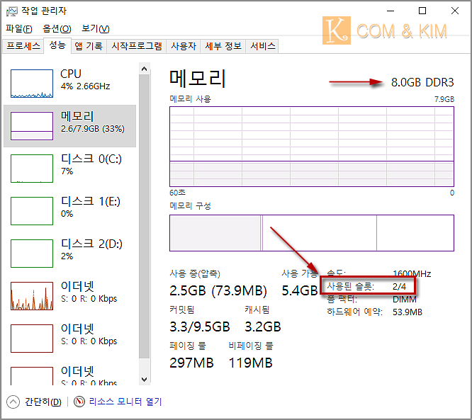 비어있는 메모리(RAM) 슬롯 윈도우에서 간단하게 확인하기