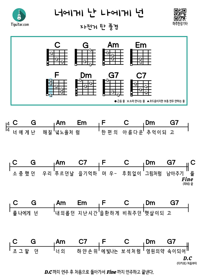 너에게 난 나에게 넌(자전거 탄 풍경) 기타 쉬운 코드 악보