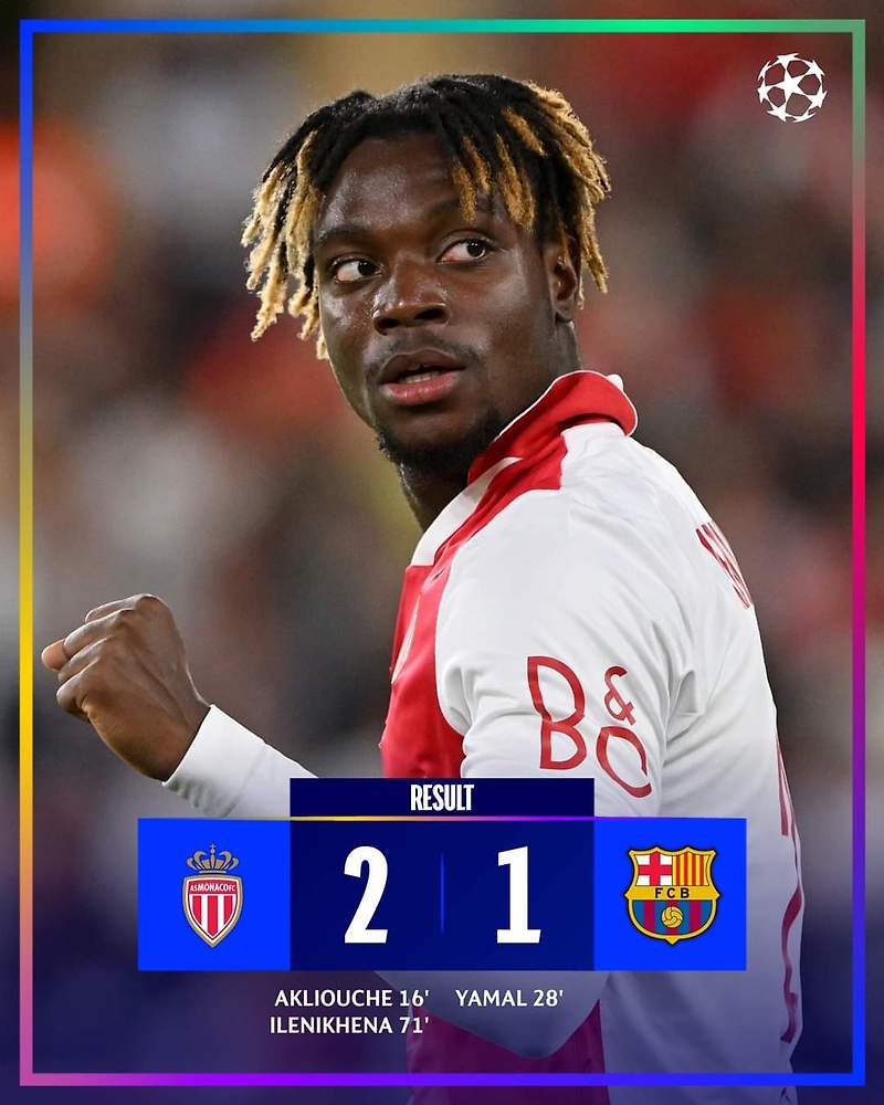 UCL AS 모나코 바르셀로나에 2-1 승리