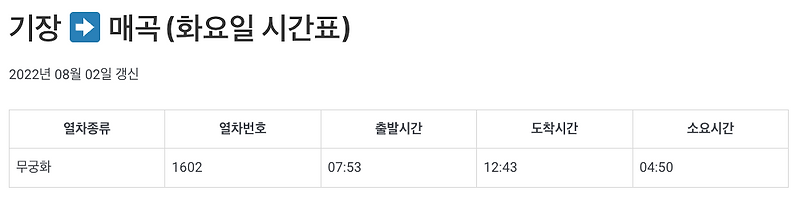 기장역 열차시간표 (기차시간표)