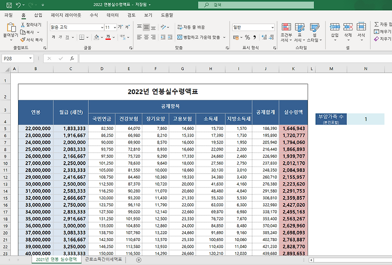 엑셀함수 기재된 2022년 연봉실수령액표 xlsx 다운로드