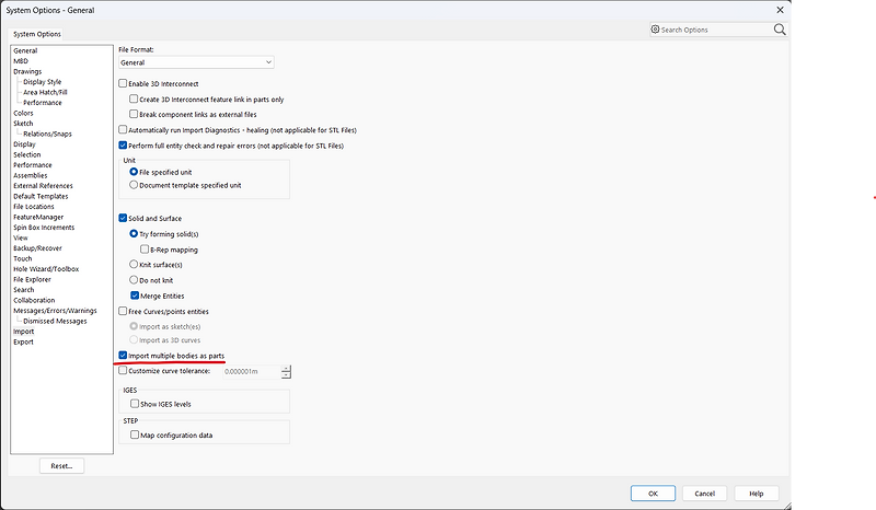 Solidworks - step(stp) 파일 sub-assy없이 단일 파트 구조 상태로 import