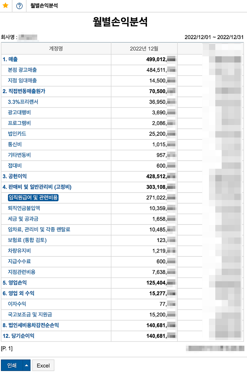 이카운트ERP 맞춤형 최적화 커스터마이징을 통해 월별 손익 보고서 작성 및 고정비, 변동비 분석