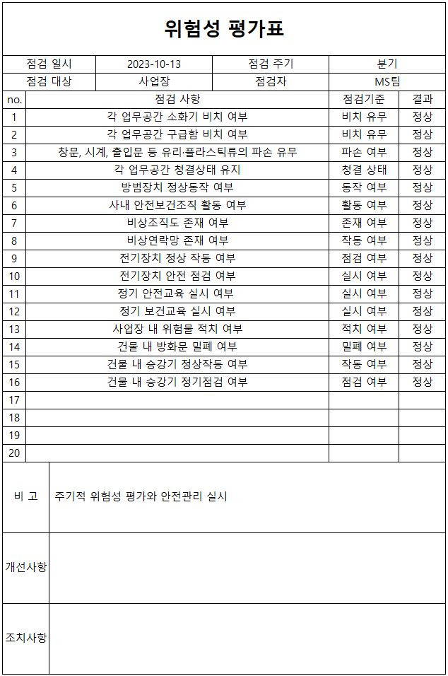 위험성 평가표 간단 양식