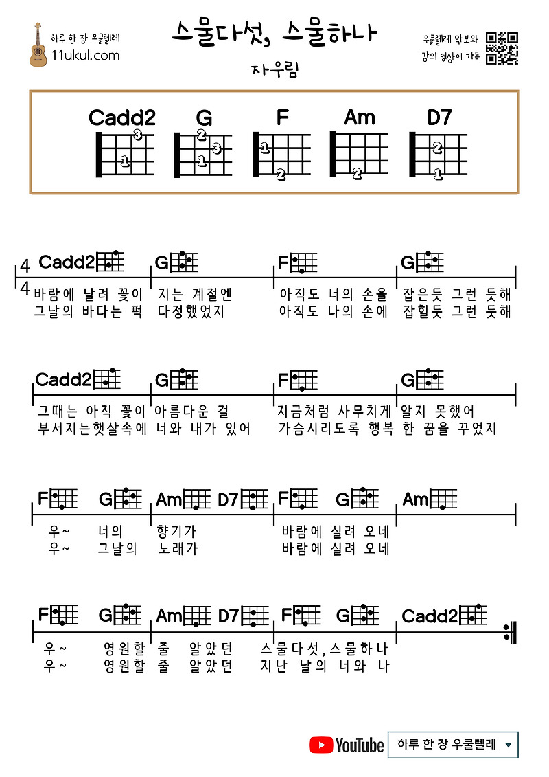 스물다섯, 스물하나(자우림) 우쿨렐레 코드 악보