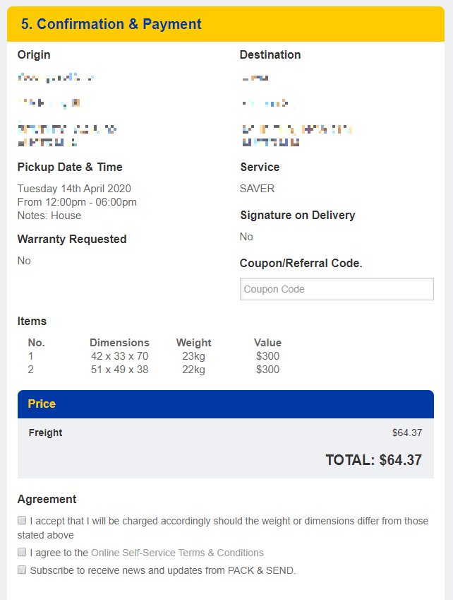 Interstate package sending cost