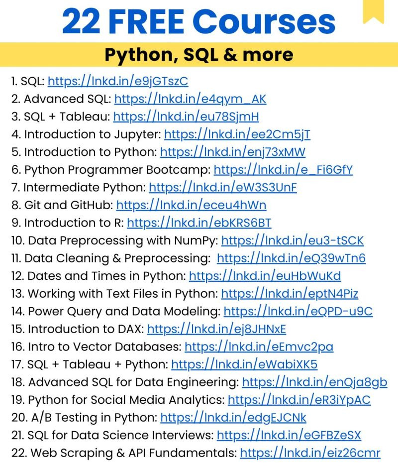 22개의 무료 강좌 Python, SQL 등
