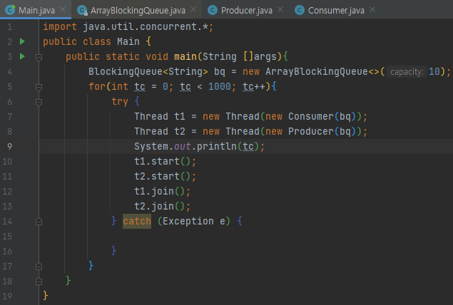 java arrayblockingqueue : 고정 크기를 가지는 생산자 소비자 문제에 써 봅시다.