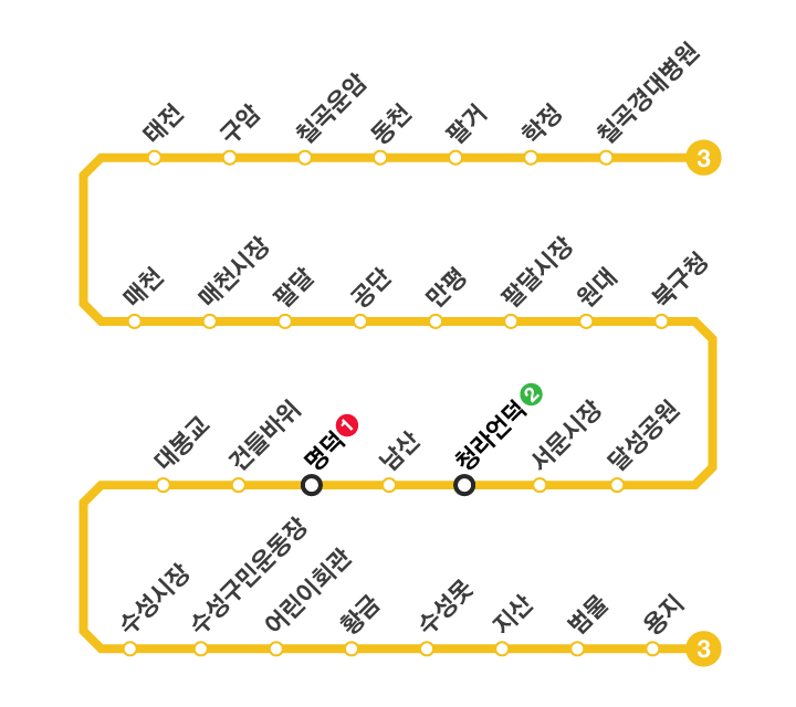[ 지하철 시간표 - 대구 지하철 3호선 ] 막차 첫차 시간표 및 운행간격 / 노선도 / 가격 및 운임요금 - Daegu Metro Line 3, 大邱 都市鐵道 三號線 - REVEALED KOREA