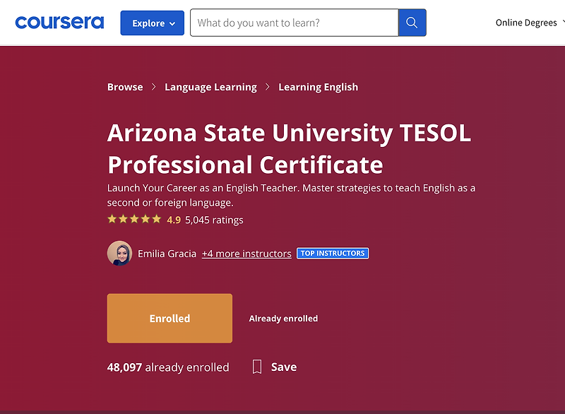 [tesol] Coursera 코세라 Asu Tesol 테솔 Certificate 과정 수료 3특 12특 토플공부방