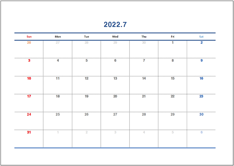 2022년 7월 달력 - 두 가지 버전 다운로드 엑셀 PDF