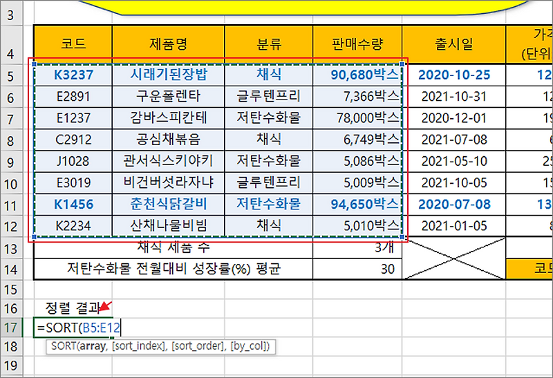  엑셀 Excel 함수 SORT 사용해서 정렬하기