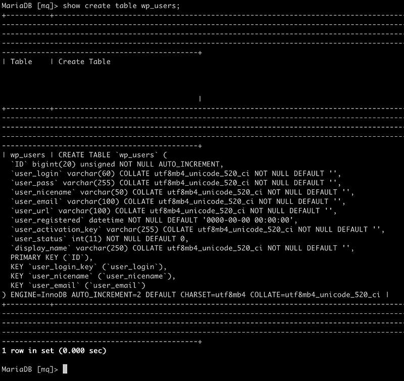 mariadb table create문 확인하기(show create table)