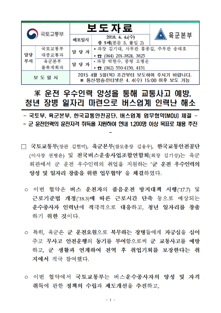 軍 운전 우수인력 양성을 통해 교통사고 예방, 청년 장병 일자리 마련으로 버스업계 인력난 해소- 국토부, 육군본부, 한국교통안전공단,  버스업계 업