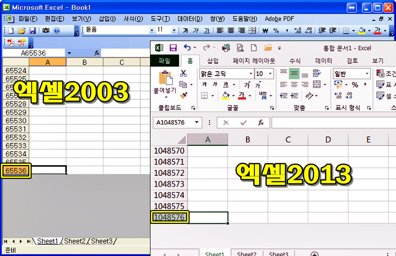 엑셀 버전(2003, 2010, 2013)별 시트당 최대 행 수