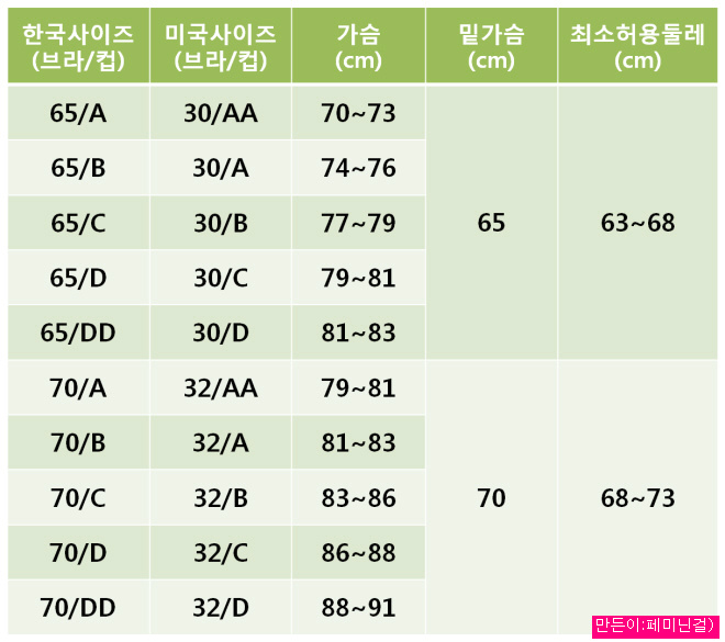 여성에게 해당되는 미국 속옷 사이즈(팬티,브라등)