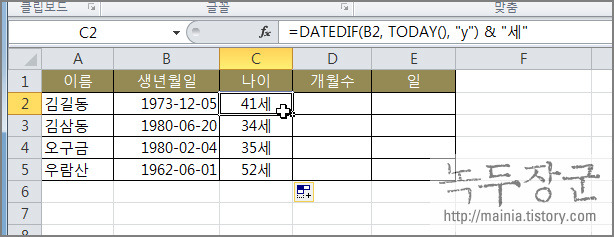  엑셀 Excel 함수 DATEDIF 사용해서 생년월일로 나이와 개월 수를 구하기