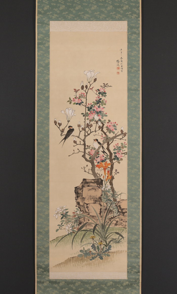 模写 山本梅逸作 花鳥画 肉筆 現状渡し 掛軸 江戸時代 - 工芸品