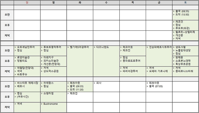 파리여행 10박11일 일정표 공유