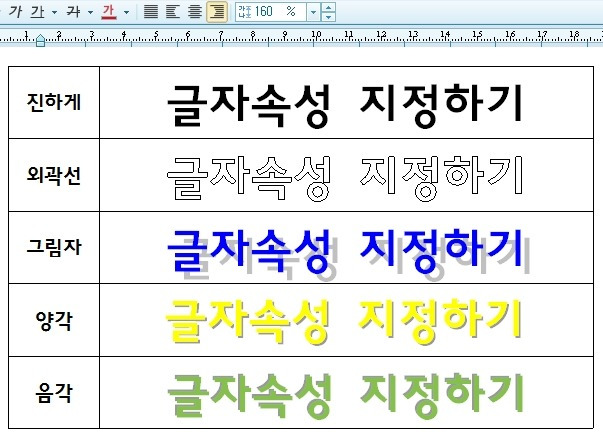 한글 글자모양 3(글자속성, 다양한 효과/외곽선, 그림자, 양각, 음각, 배경 등)