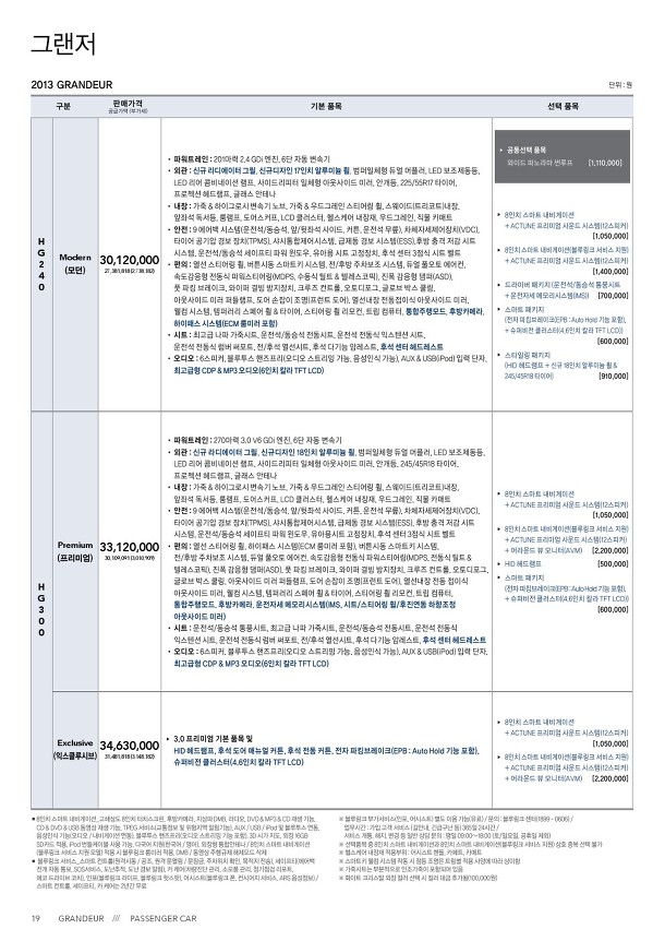 2013년 9월 현대자동차 2014년형 그랜저HG 가격표 및 브로셔